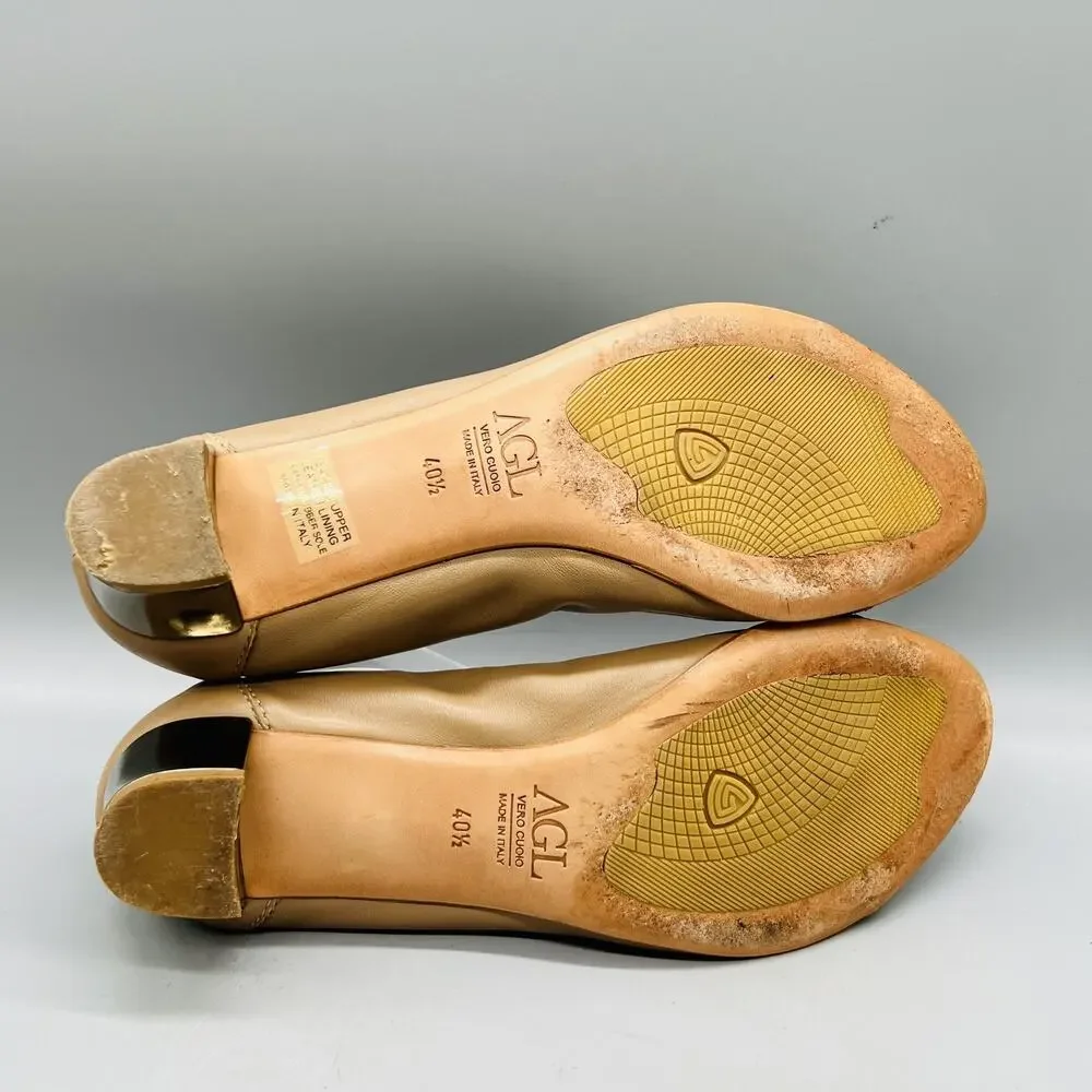 AGL Shoes Womens 10.5 Beige Leather Snake Cap Toe Gold Bit Flats Slip On Casual